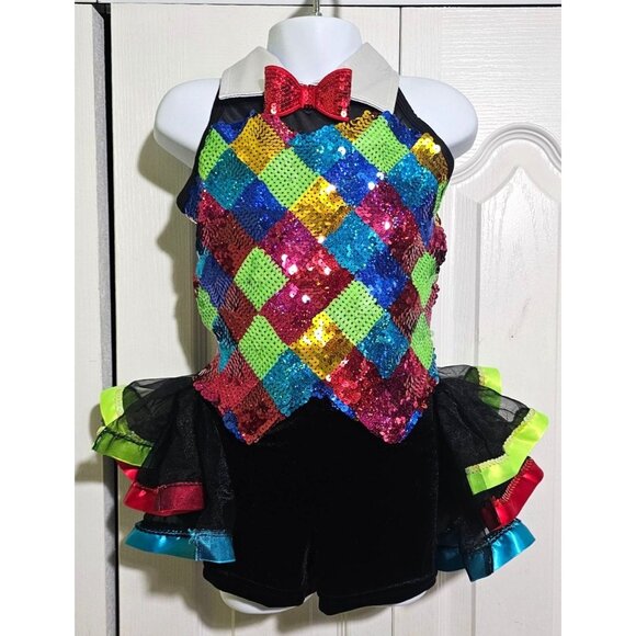 Girls Sequin Harlequin Dance Costume Ruffle Tutu Sequin Bowtie Broadway Star ISC - Picture 1 of 11